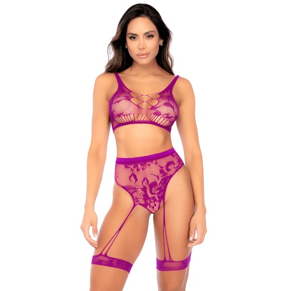 Ensemble deux pièces en résille à motif floral, couleur orchidée - Mapalé