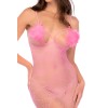 Combinaison résille rose à motifs cœur, pompons en plumes à la poitrine, ouverte à l’entrejambe - Mapalé