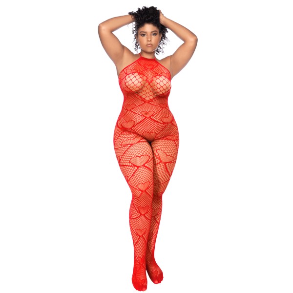 Bodystocking grande taille en résille rouge à motif cœur, orné de strass, ouvert à l’entrejambe - Mapalé