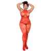 Bodystocking grande taille en résille rouge à motif cœur, orné de strass, ouvert à l’entrejambe - Mapalé