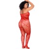 Bodystocking grande taille en résille rouge à motif cœur, orné de strass, ouvert à l’entrejambe - Mapalé