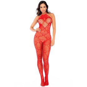 Bodystocking en résille rouge à motif cœur, orné de strass, ouvert à l’entrejambe - Mapalé