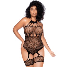 Body grande taille en résille léopard noir à tour de cou et jarretières intégrées - Mapalé