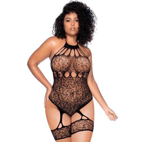 Body grande taille en résille léopard noir à tour de cou et jarretières intégrées - Mapalé