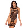 Body en résille léopard noir à tour de cou et jarretières intégrées - Mapalé