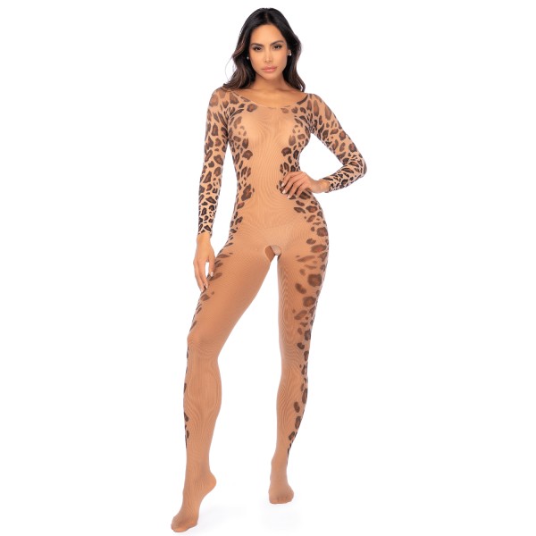 Combinaison en résille léopard à manches longues imprimées, ouverte à l’entrejambe - Mapalé