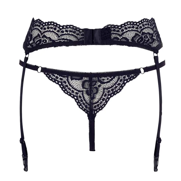 Porte-jarretelles en dentelle noire et string assorti - R232187410