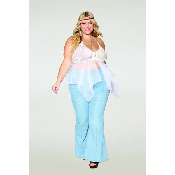 Babydoll et string grande taille en résille et dentelle blanche - DG13314WHT