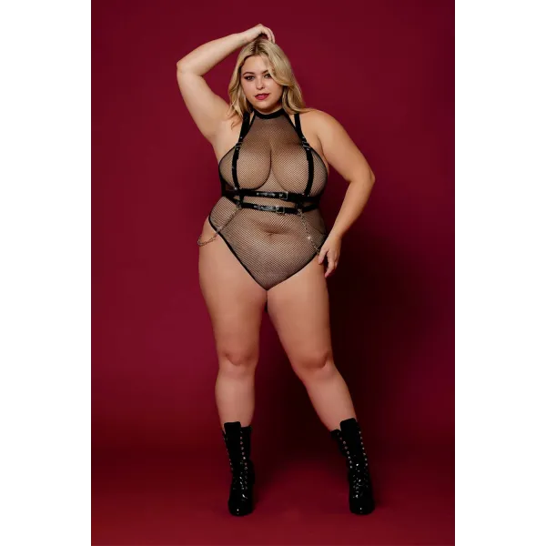 Body en résille, grande taille, avec Harnais simili cuir et chaines - DG13291XBLK