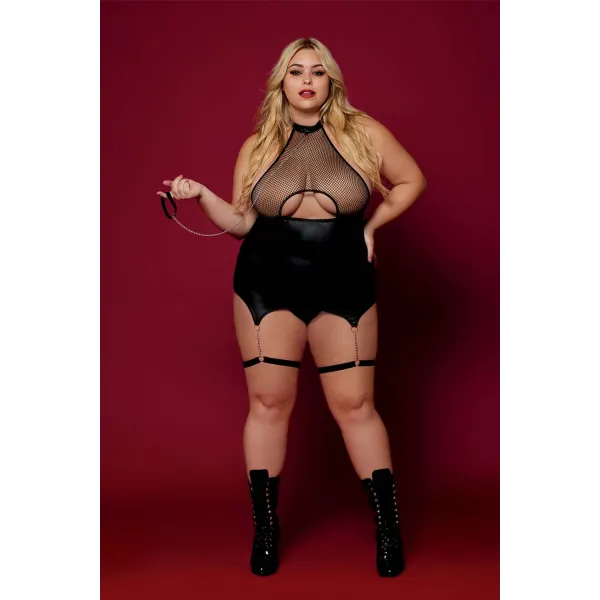 Body BDSM noir, grande taille, en maille avec corset / porte-jarretelles, simili cuir, intégré - DG13295XBLK