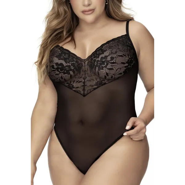 Body, grande taille, noir en dentelle et résille noire - MAL8795XBLK