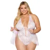 Body grande taille dentelle blanc avec tulle amovible - DG12918XWHT