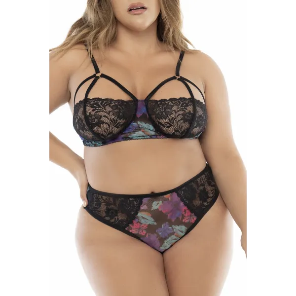 Deux-en-un, nuisette et ensemble trois pièces noir, grande taille, tissu fleur exotique - MAL7496XBLK