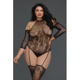 Bodystocking grande taille résille effet bas jarretelles - DG0310XBLK