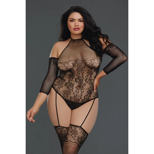 Bodystocking grande taille résille effet bas jarretelles - DG0310XBLK