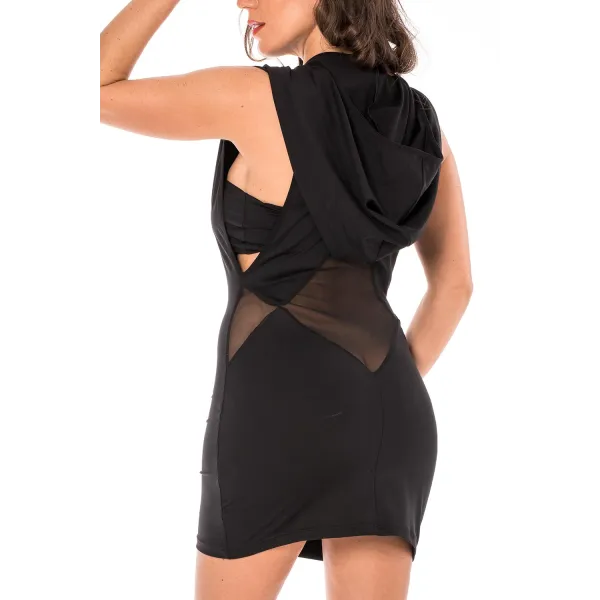 Robe noire sensuelle avec capuche et bandeau poitrine Adriana - LDP2BLK