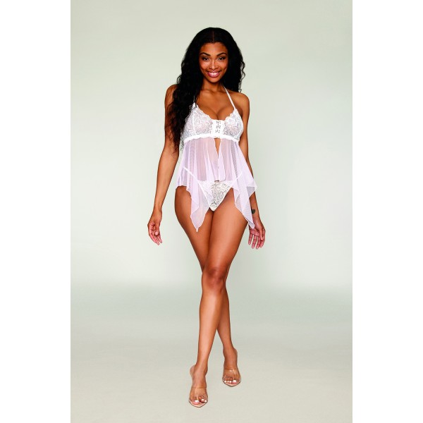 Babydoll et string en résille et dentelle blanche - DG13314WHT