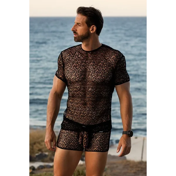 T-shirt noir sexy filet irrégulier fétichiste - LM810-77BLK