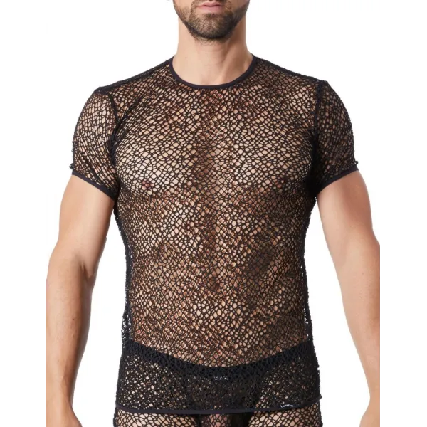 T-shirt noir sexy filet irrégulier fétichiste - LM810-77BLK