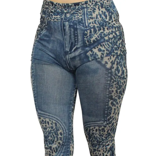 Legging bleu effet jean délavé imprimé léopard - FD1017