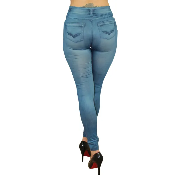 Legging bleu style jean moulant avec impressions sur poches - FD1018