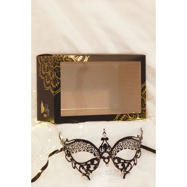 Masque vénitien Alida rigide noir avec strass  -  HMJ-026BK