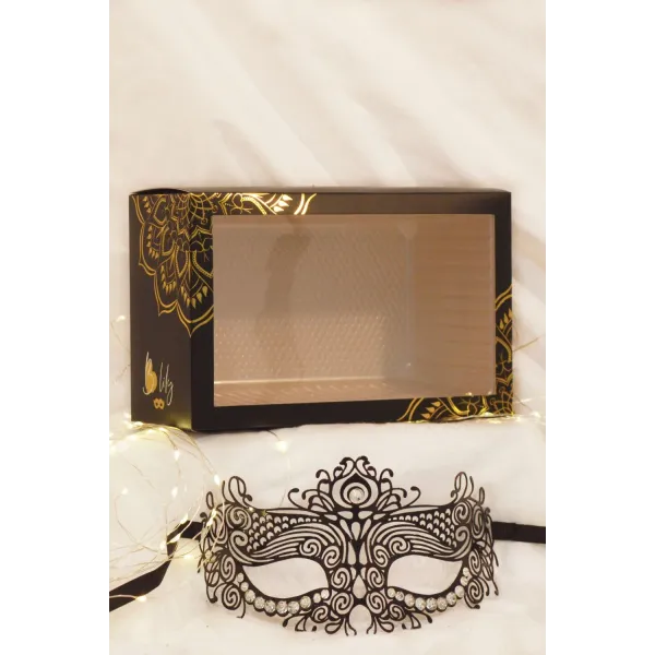 Masque vénitien Ornella rigide noir avec strass  - HMJ-031BK