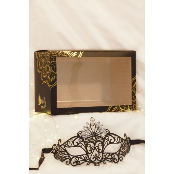 Masque vénitien Gemma rigide noir avec strass - HMJ-055BK