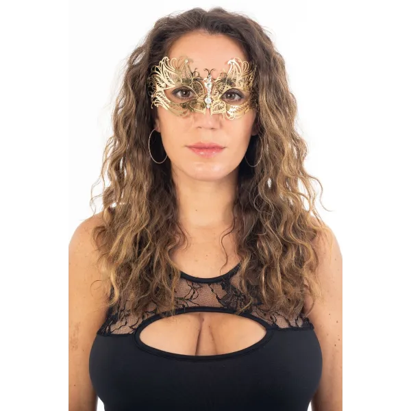 Masque vénitien Greta rigide doré avec strass - HMJ-005B