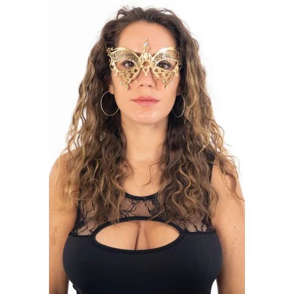 Masque vénitien Alida rigide doré avec strass - HMJ-026B
