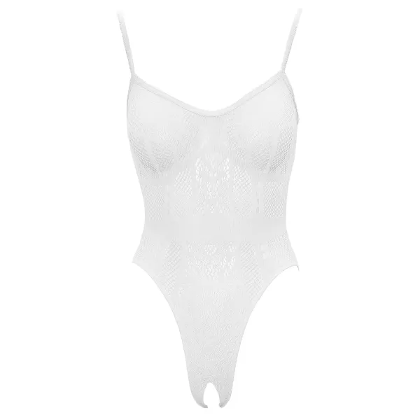 Body string en résille transparente et dentelle blanche, ouvert à l'entrejambe - R26426382101
